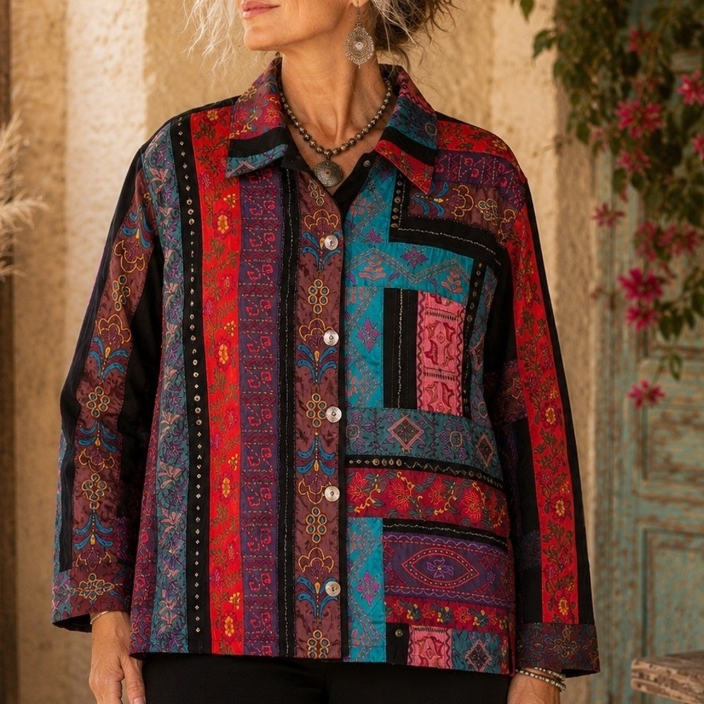 Chico's Patchwork Embroidered‎ Jacket Size 2 Boho Art To Wear Festival Tapestry